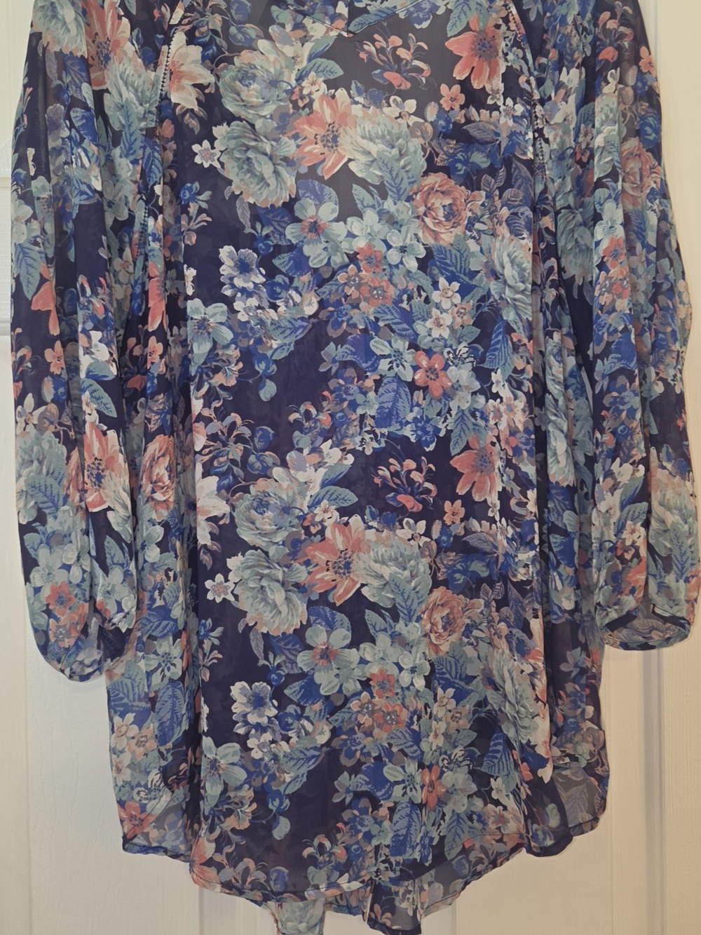 Women's Navy Floral V-Neck Blouse - Blue & Coral - Picture 4 of 4